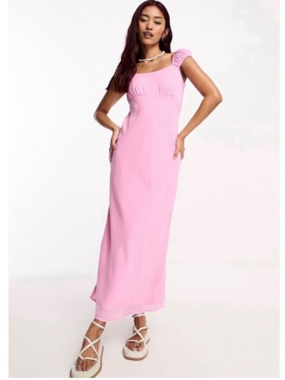 Abercrombie & Fitch Ruched Strap Scoop Crepe Sheath Maxi Dress Pink Medium